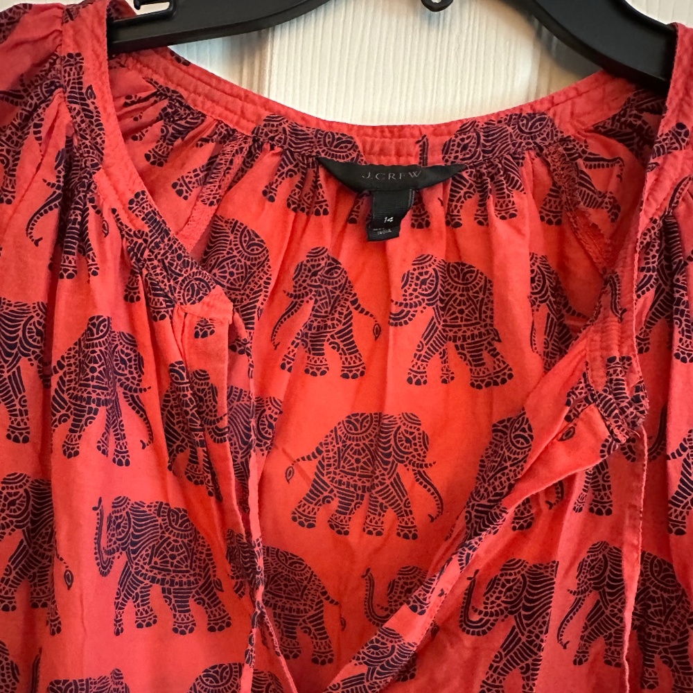 J. Crew Elephant Block Print Pop-Over Blouse, Cotton, Women 14